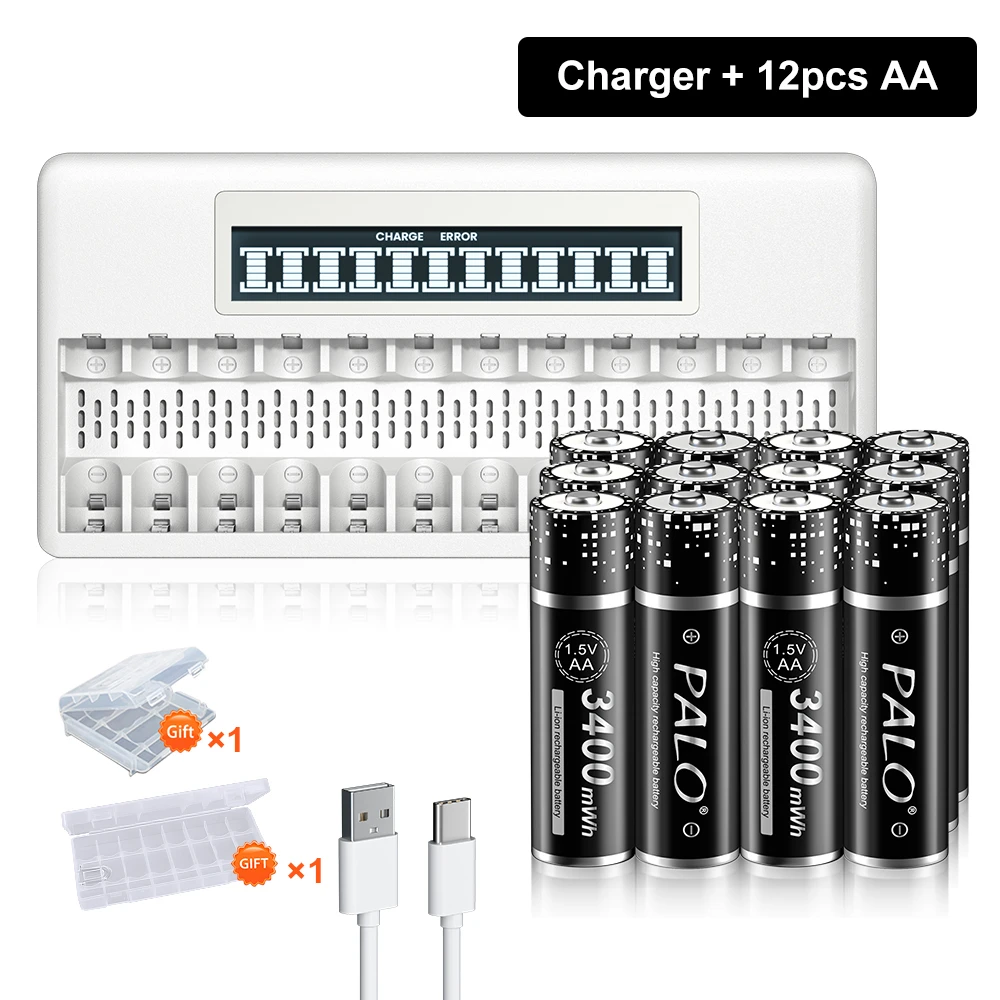 

PALO 3400mWh 1.5V AA Rechargeable Li ion Battery for flashlight camera toys MP3 player keyboard lithium Battery+12 slots charger