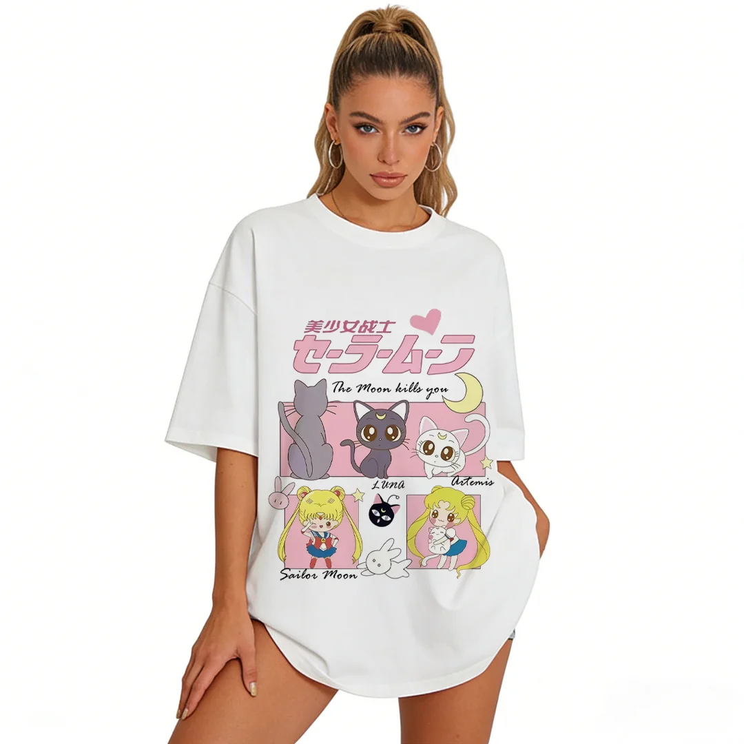 2026 Sommer Heißer Verkauf Neues Sailor Moon T-Shirt Unisex Niedlicher Anime-Katzen-Print Lässiges Kurzarm-Shirt für Kinder Männer Frauen Harajuku Top