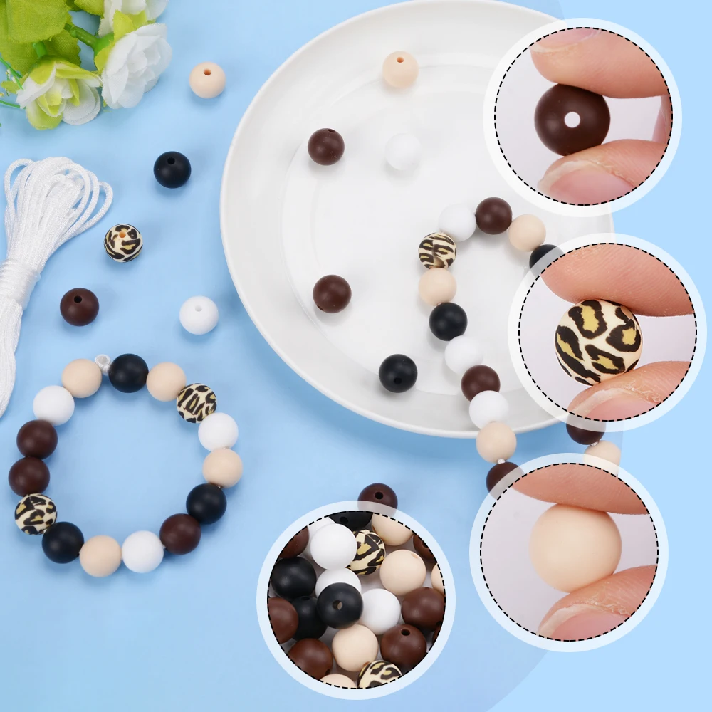 LOFCA 65pcs Cow Print Silicone Beads with String 12mm Mixed Color Silicone Beads Loose Spacer Beads for DIY Necklace Keychain