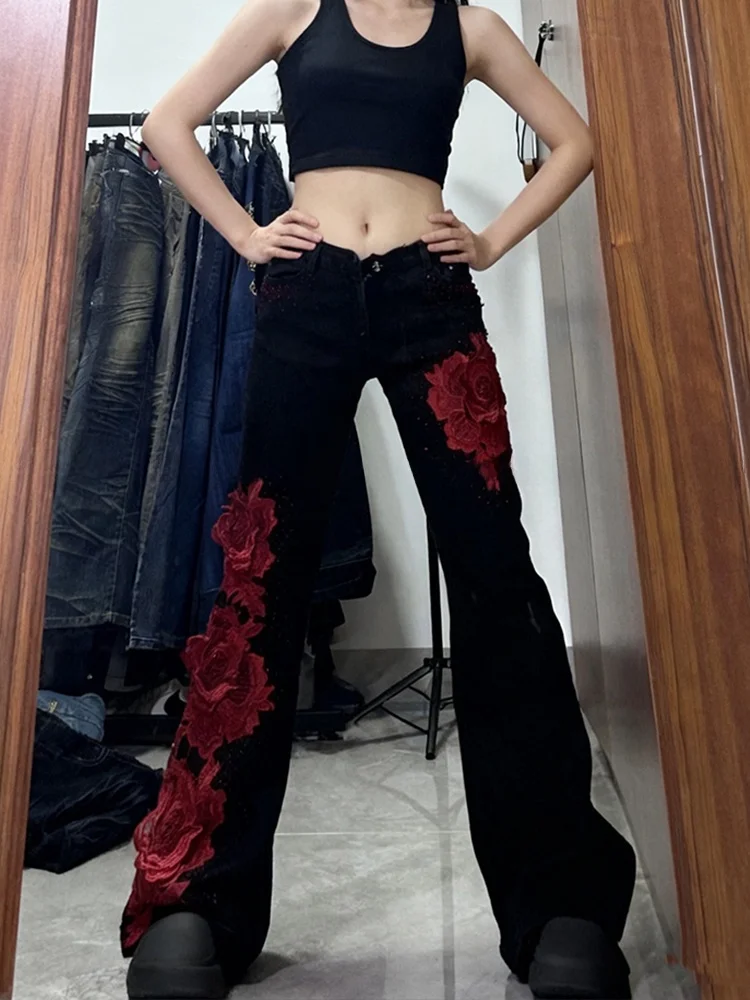

Женские джинсы с розовым пэчворком, облегающие, в стиле Y2K, для дерзких девушек, уличный дизайн, с низкой талией, слегка расклешенные, длинные брюки, повседневные, весна-осень