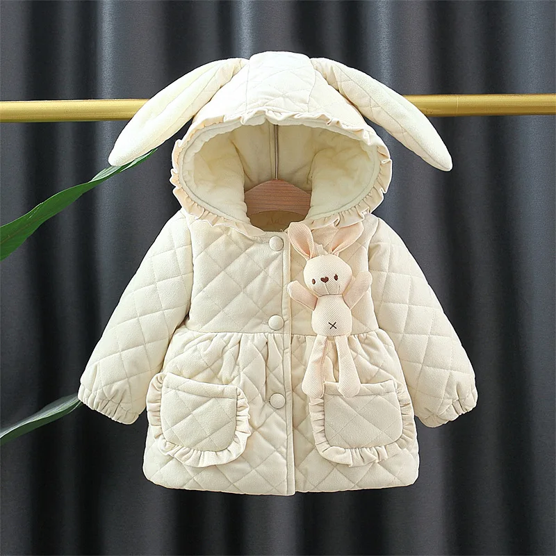 Winter 0-3 Girls\' Cotton Jacket Girls\' 3D Cartoon Rabbit Hooded Ears Solid Color Cute Plush Cotton Coat