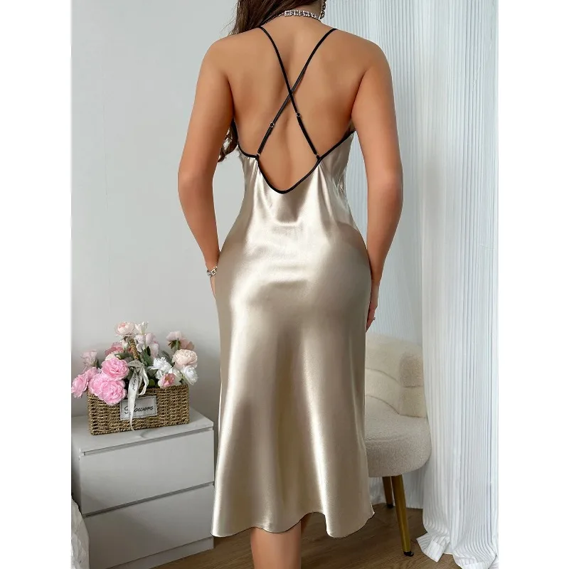 Women's Sexy Fashion 2 Piece Pajama Set V-Neck Slip Dress with Long Robe Sleepwear 6