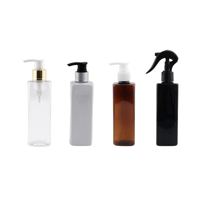 25pcs 250ml Refillable Square Bottles With White Black Trigger Gold Silver Aluminum Plastic Pump For House Cleaning Cream Lotion