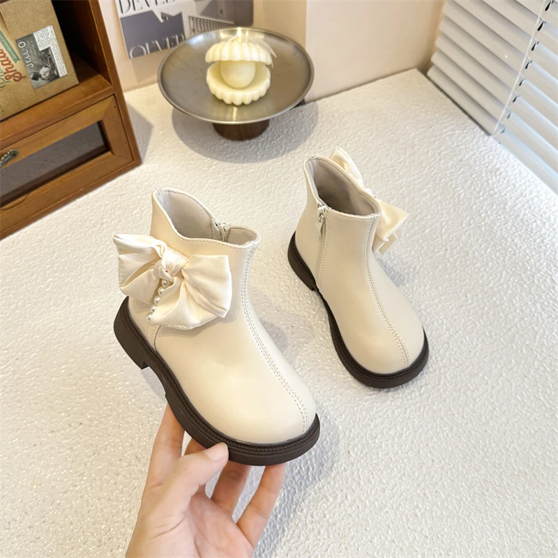 

Весенне-осенние детские подиумные ботинки принцессы, новые повседневные короткие сапоги для девочек, модные детские ботильоны с милым бантом и боковой молнией