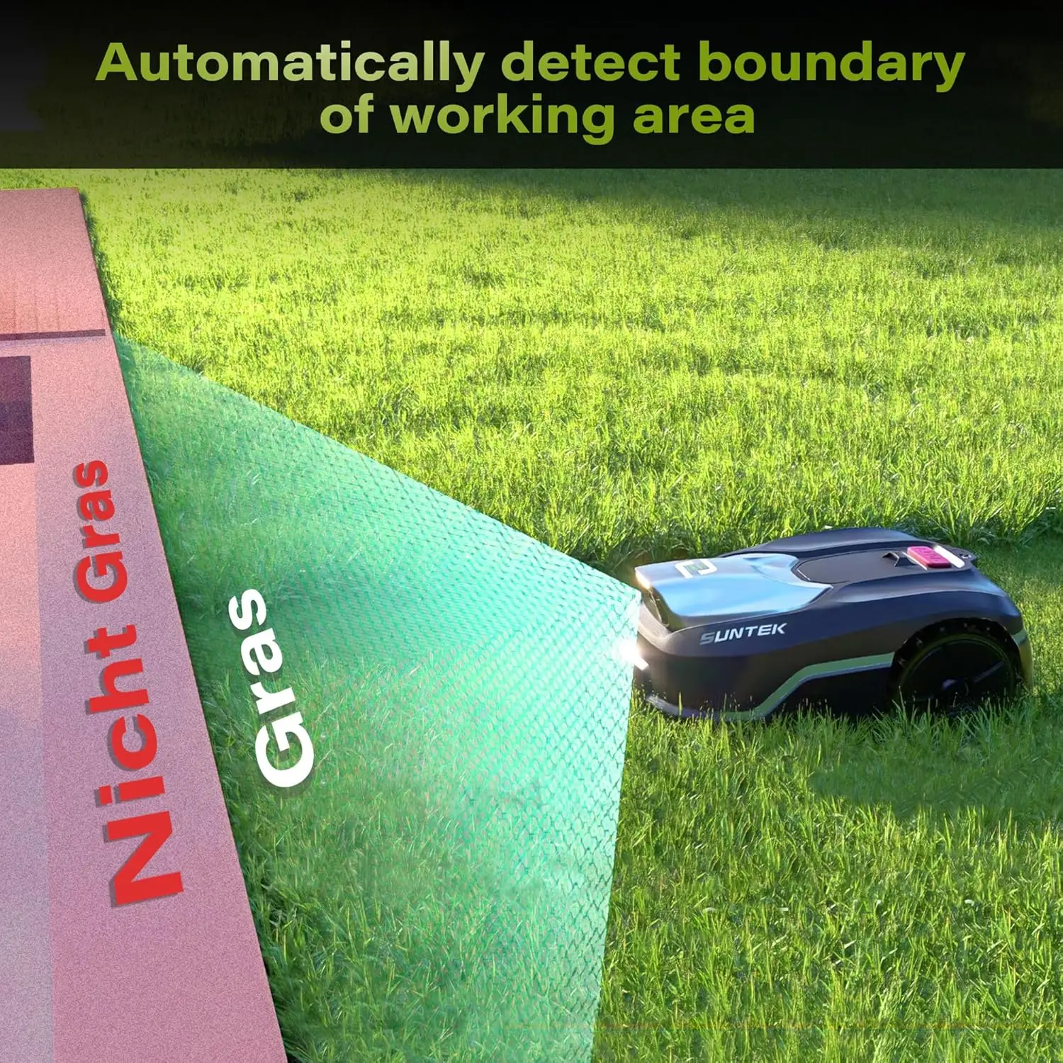 SUNTEK Robotic Lawnmower without Limiting Cable, AI Vision Camera, Lawn Mower Robot, Max 600 m², Accurate Obstacle Avoidance