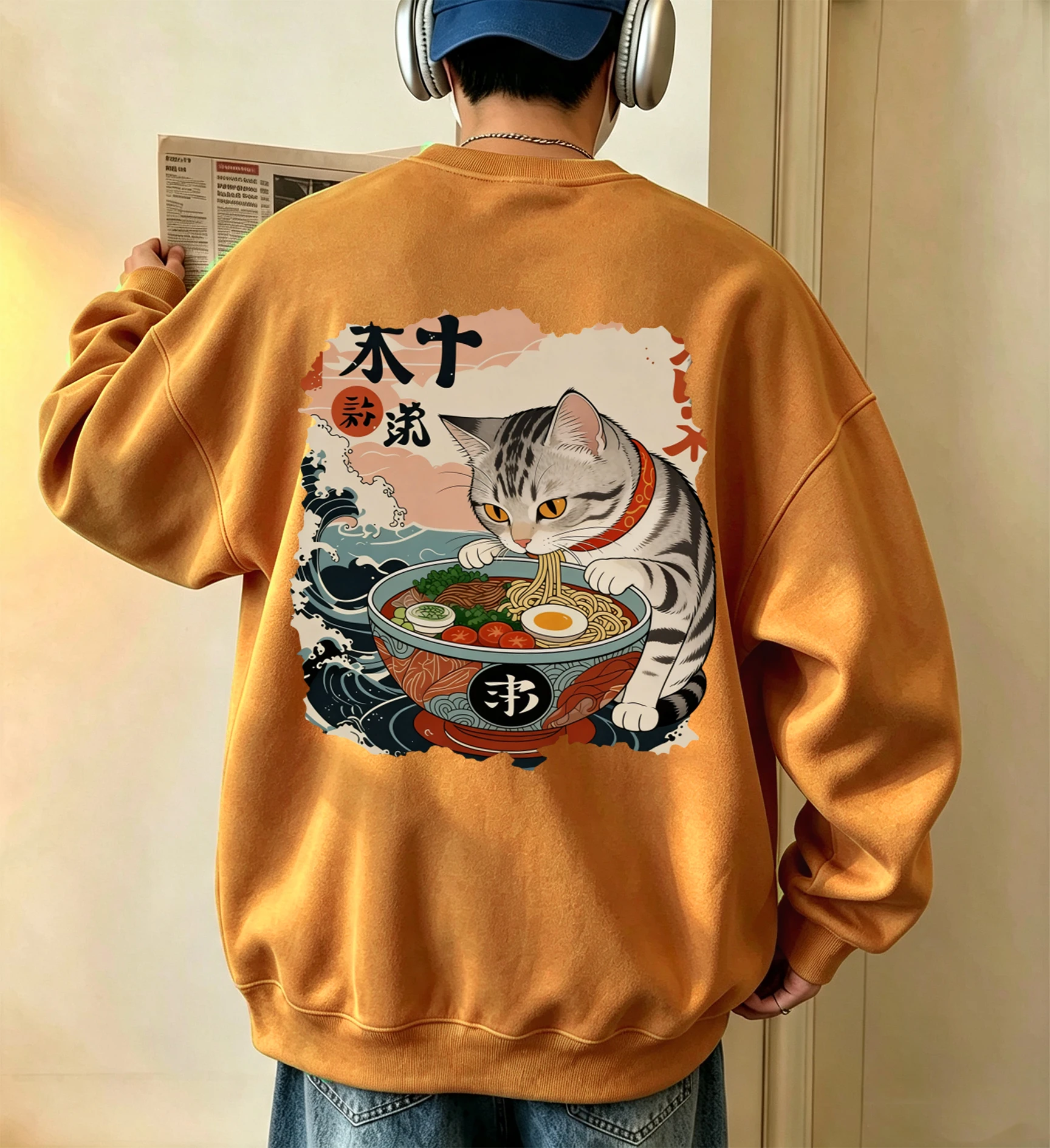 A Cat That Likes To Eat Noodles Printed Men Autumn Sweatshirts Fashion O-Neck Hoodless Streetwear Fleece Sport Warm Clothes