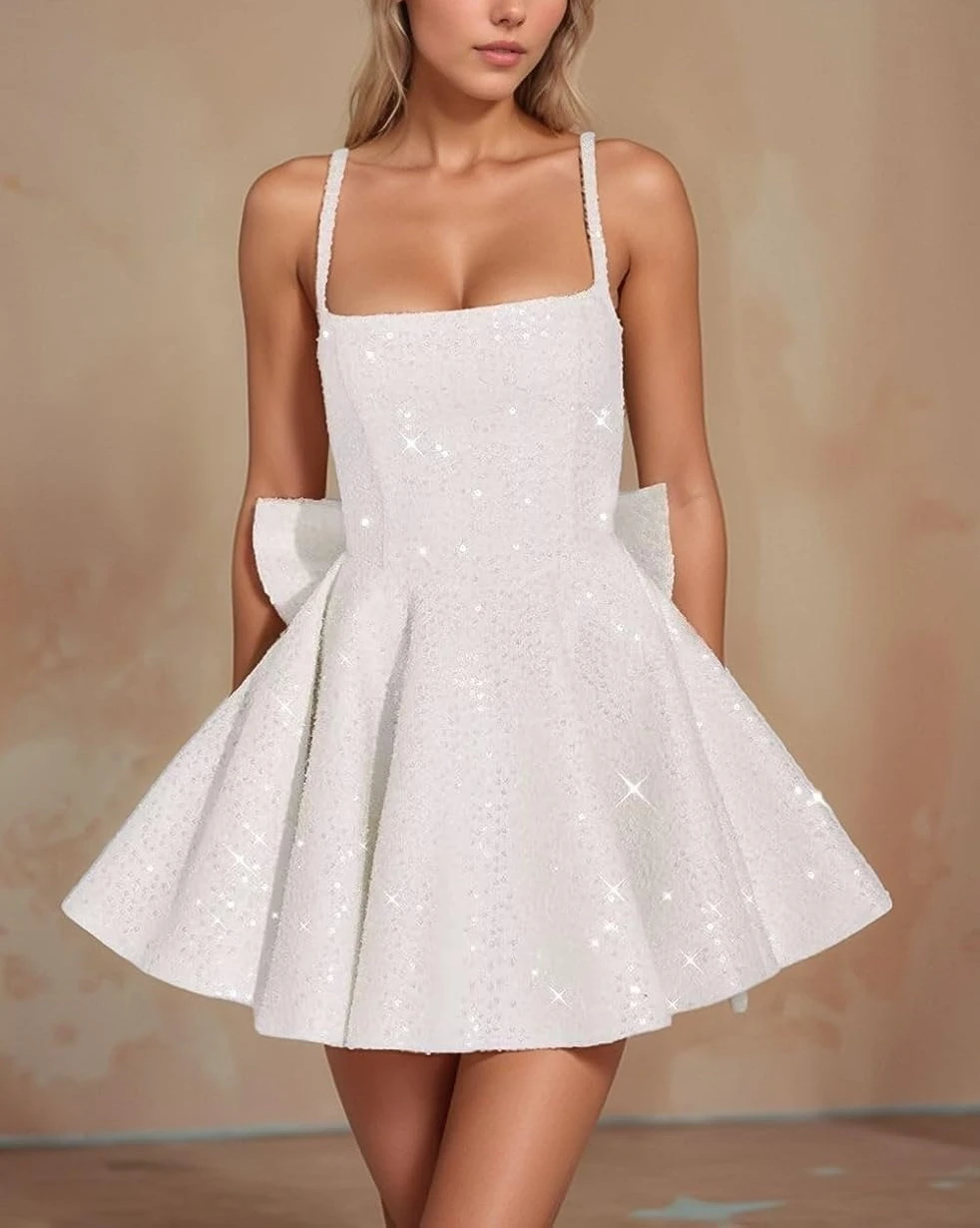 Women Elegant Spaghetti Straps Sequins Homecoming Dresses with Bow Saqure Neck Corset A-Line Cocktail Party Gowns for Teens