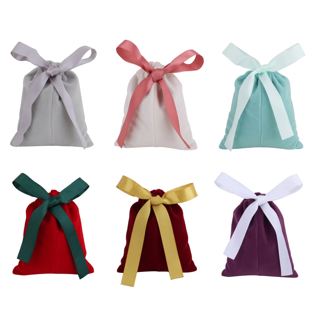 Sacos De Presente De Veludo Com Fita, Embalagem De Jóias, Festa De Casamento, Embalagem De Presente De Doces, Decoração De Natal, Bolsas De Cordão, 5Pcs por Lote