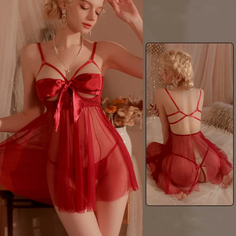 

Pajamas Dress Sexy Nightgown Sleepwear Bow Tie Lingerie Womens Dresses Hollowed Out Lace Short Skirt Sexy Lingerie Night Dress