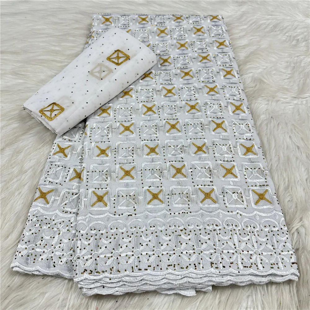 Unique 7 Yards Swiss Voile Lace Fabric African Cotton with Stones Lace Fabric for Elegant Women Party Wedding Dress Sewing 31A24