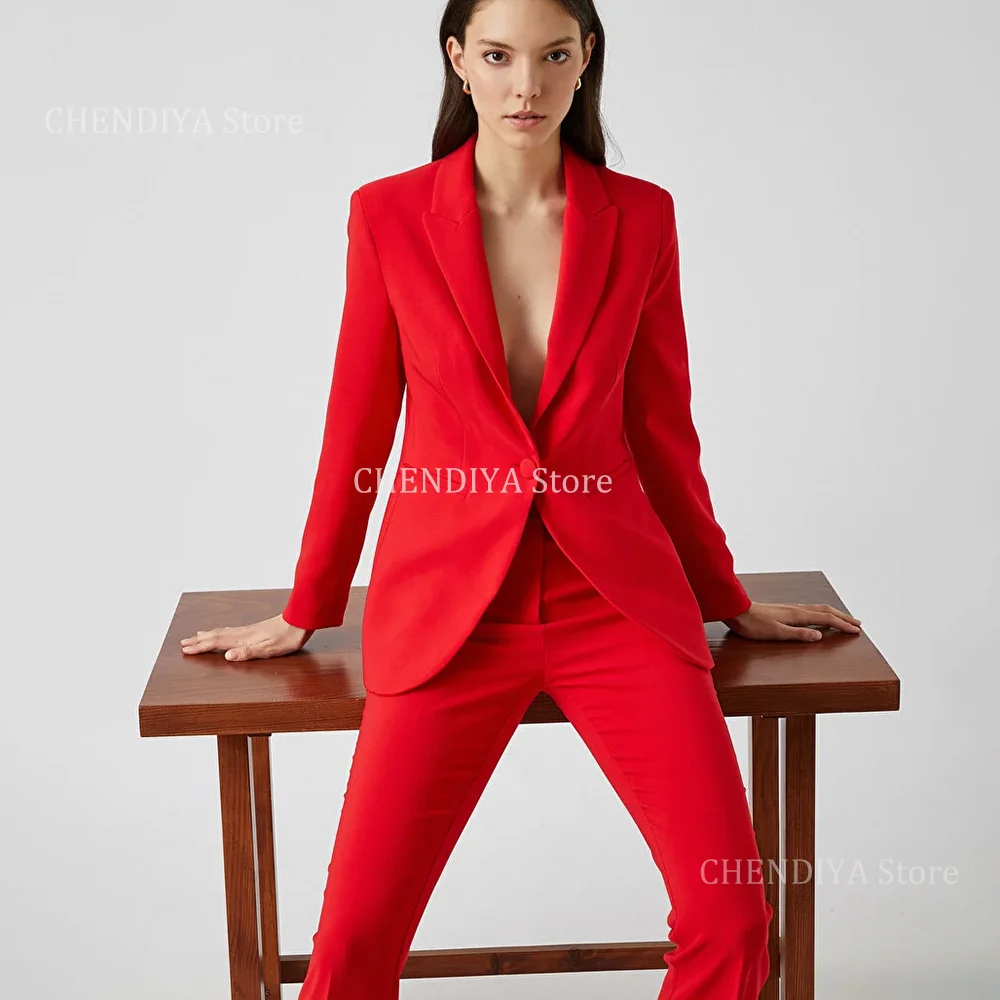 Professional Single Button Suits For Women 2 Piece Modish Energetic Notch Lapel Red Outfit Formal Business Activity Jacket Pants