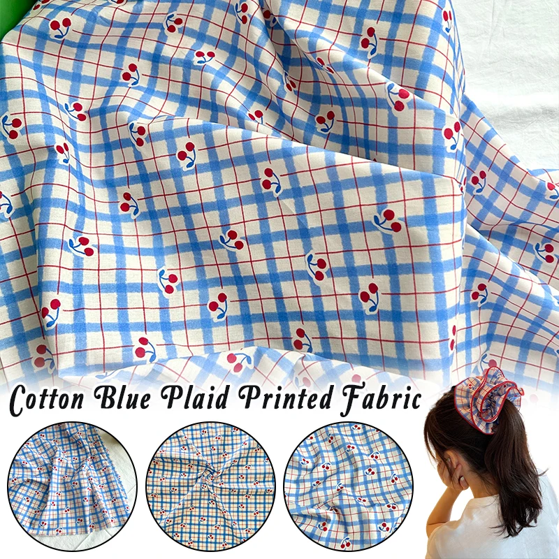 

Blue Plaid Red Cherry Printed Pure Cotton Fabric For Box Bags Children's Clothing Dress Cloth Pajamas Shirts Handmade Sewing