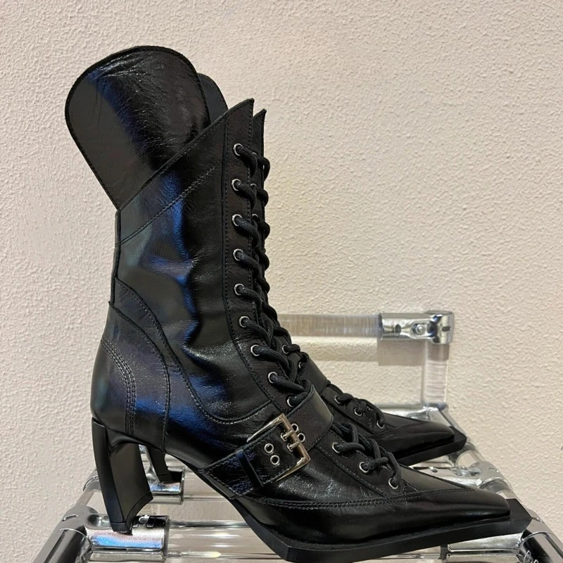 New Gothic Y2K Punk Patent Leather Mid Calf Boots, Street Style Pointed Toe Belt Buckle Slim Fit Fashion Boots for Spring Autumn