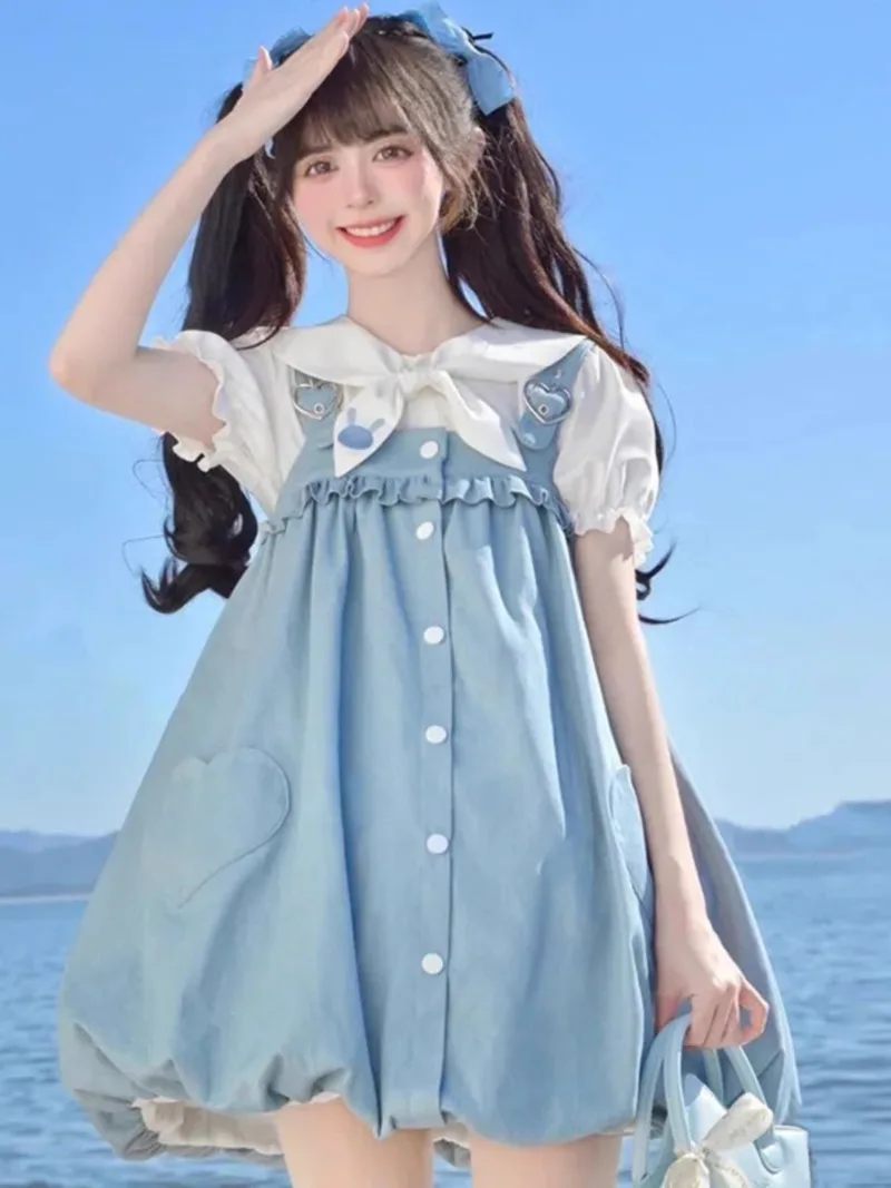 Summer Japanese Lolita Style Soft Girl Sweet Cute Rabbit Ears Short-Sleeved Shirt Strap Bud Dress Two-Piece Sets Women's Clothes