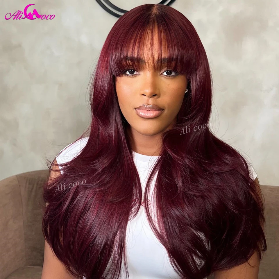 Body Wave 99j Burgundy Lace Front Wigs Human Hair 13x4 Transparent Frontal Wig With Bangs Pre Plucked With Baby Hair 200 Density