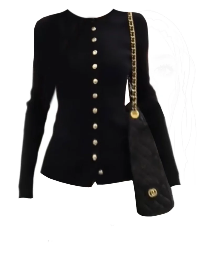 

Black Vintage Metal Buckle round Neck Long Sleeve Knitted Open Cardigan Women's Autumn Winter Slimming Base Shirt Soft Korean...