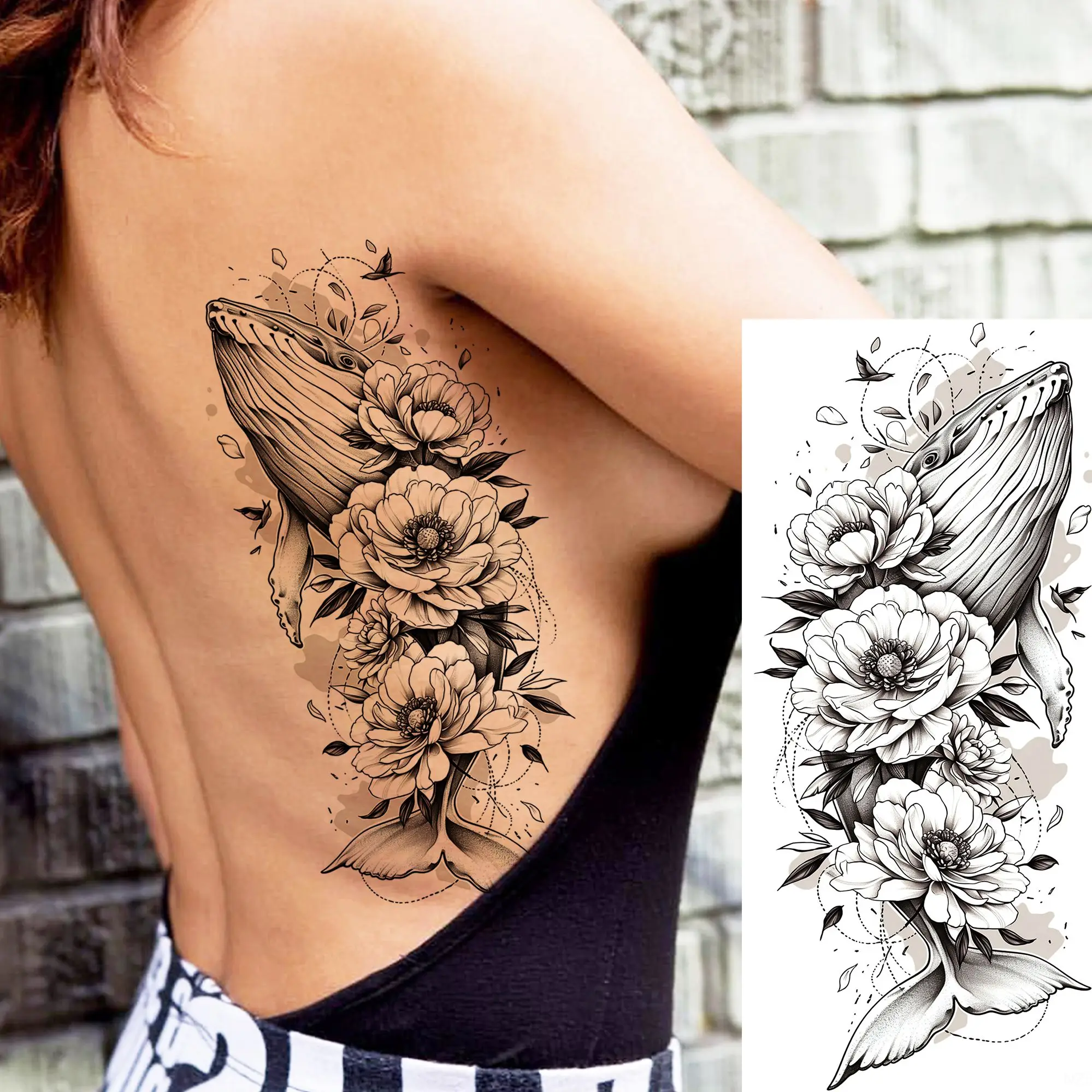 1 Sheet Sketch Turtle Fish Whale Flowers Temporary Tattoos For Women Girls Waterproof  Fake Tattoo Stickers Realistic Body Art