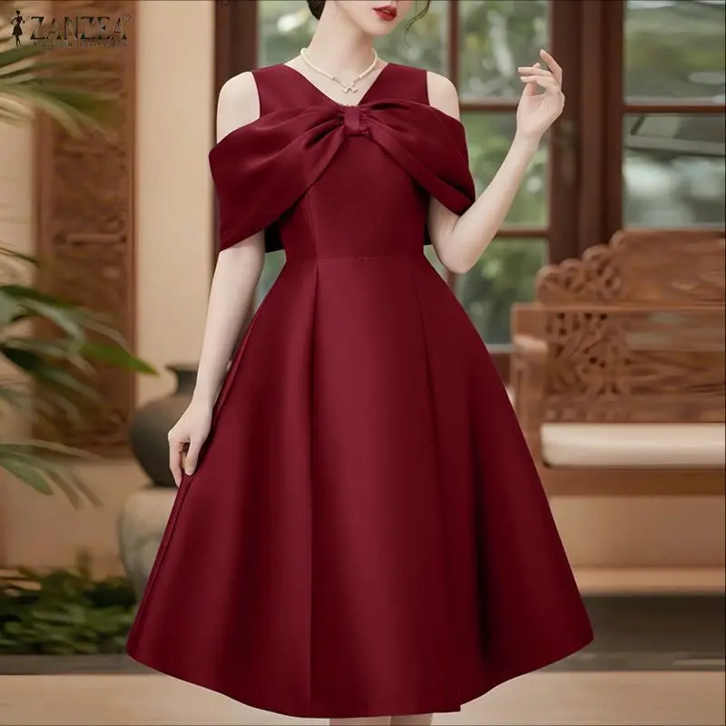 2026 ZANZEA Elegante Bogen Satin Kleid Frauen Sexy Kalten Schulter Party Hochzeit Mode Vestidos Kurzarm V-ausschnitt Solide Midi Robe