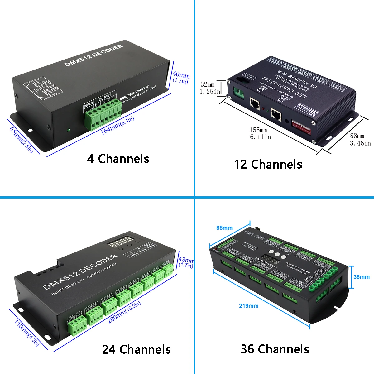 DMX 512 Decoder 4/12/24/36CH , DC5V～DC24V,2A 3A 4A 5A Led Controller dmx decoder Dimmer Driver for RGB RGBW Led Strip Lights