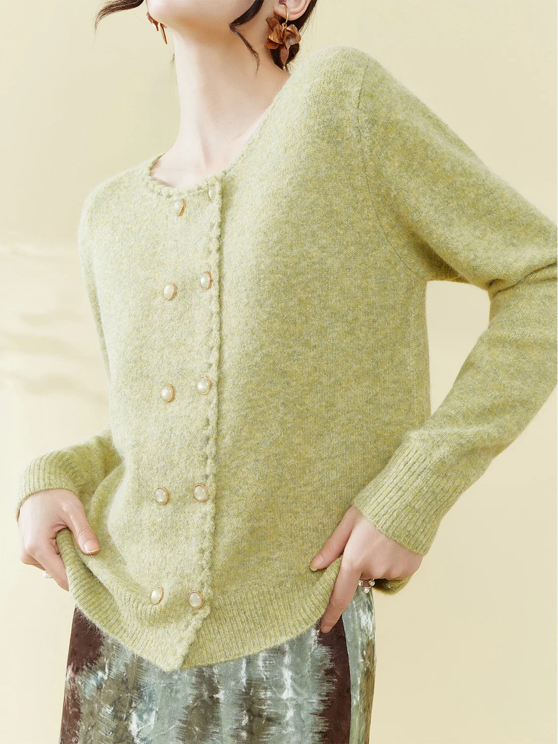 

Flowing Era een Floral Trim Knitted Long Sve round Ne Women's Open Cardigan Autumn New Sle Comfortable Warm Sweater