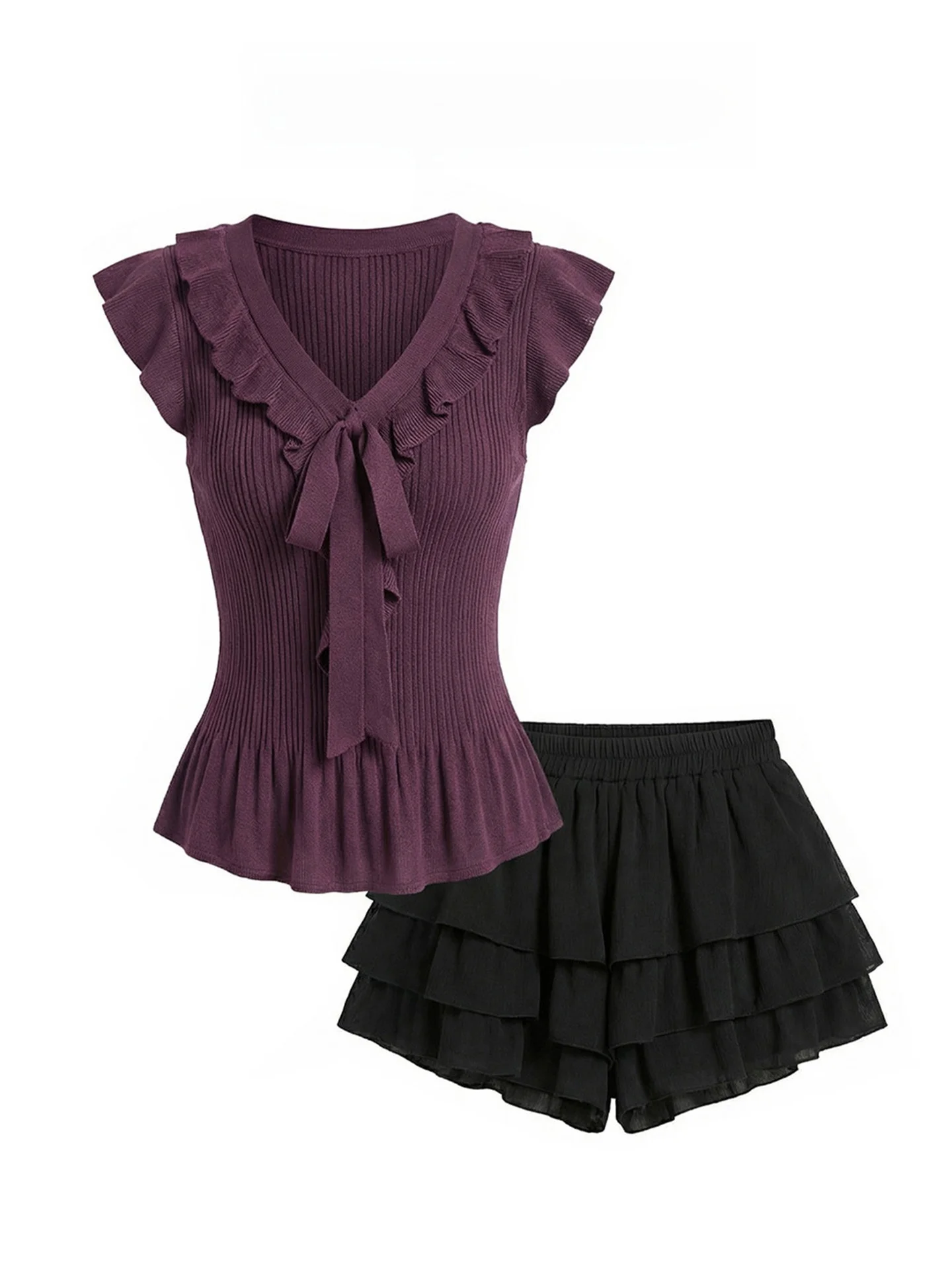 

Elegant Purple Lace Trimmed Chiffon Shirt Women's Summer Spicy Girl Bow Tie Top Fluffy Half Skirt Two Piece Set Casual Fashion
