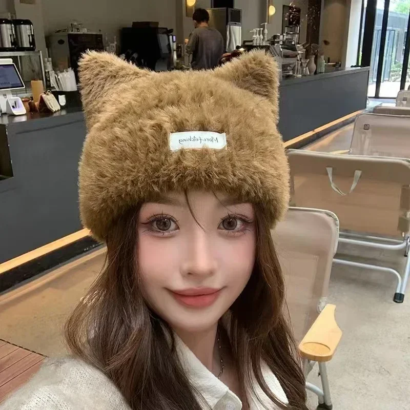 หมวกบีนนี่ไหมพรมถักลายหูแมวน่ารักสไตล์ญี่ปุ่นใหม่ Y2K สำหรับฤดูใบไม้ร่วงและฤดูหนาว สวมใส่สบาย อุ่น หวาน น่ารัก ใช้ได้หลากหลายสำหรับผู้หญิง