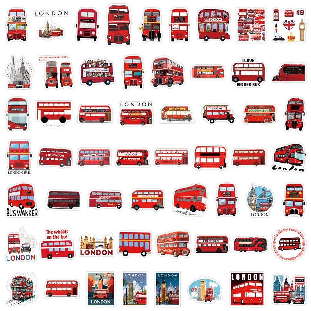 

55PCS Cartoon London Bus Sticker Decorative Mobile Phone Case Laptop Scrapbook Suitcase Bike Waterproof Decal Kids Toy Gift