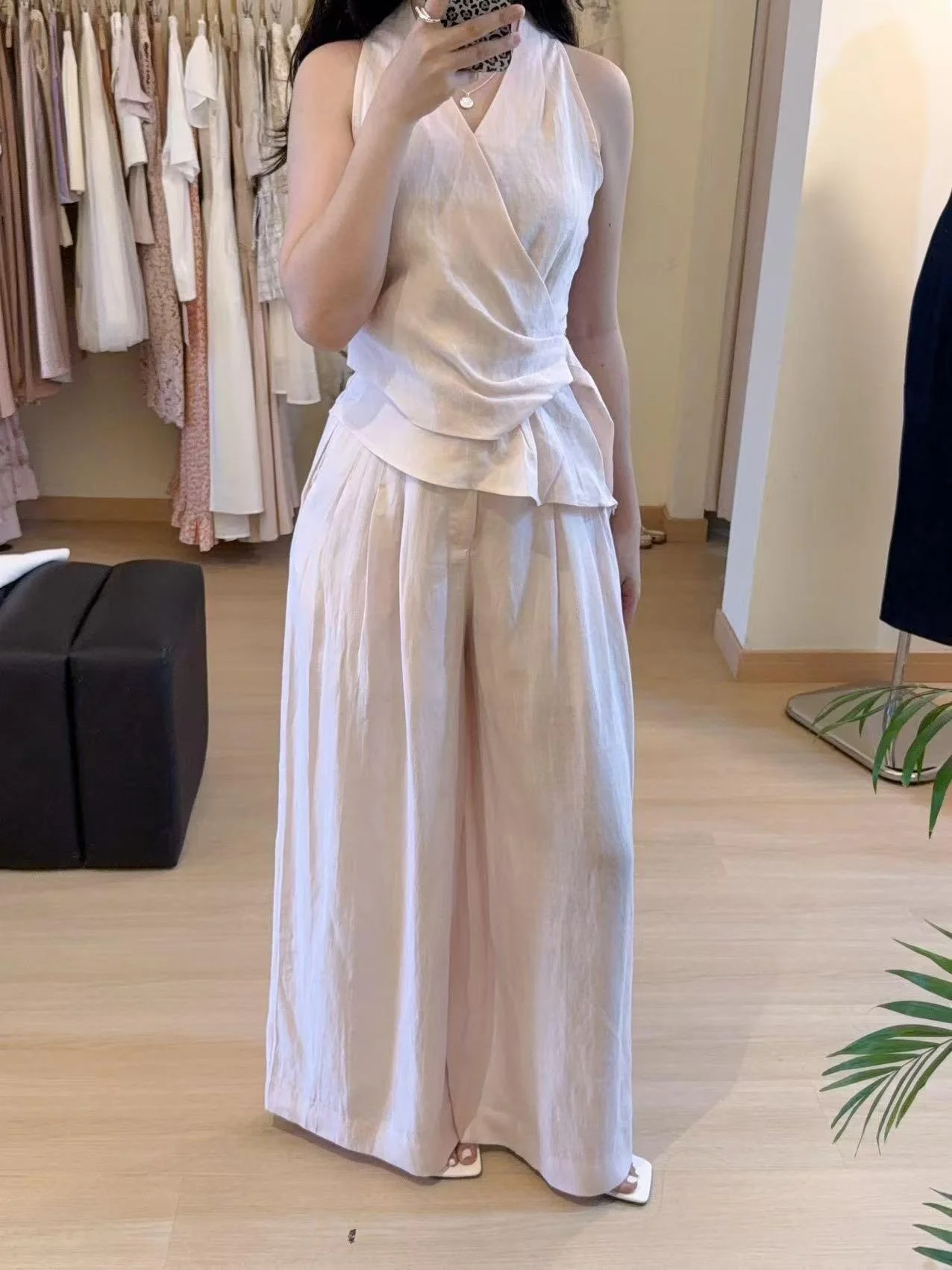 Pink Crossbody Waist-Cinching Top And Wide Leg Pants Set Women's Summer Sleeveless Pleated White Vest Two-Piece Suit