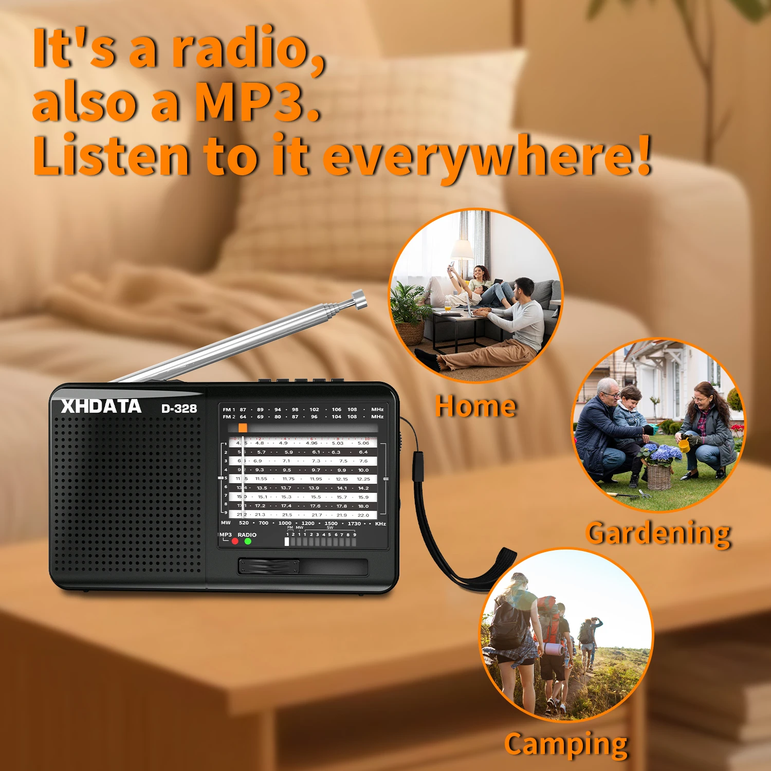 XHDATA D-328 Radio portatile AM FM SW Radio tascabile a 12 bande con lettore musicale DSP/MP3 e slot per schede TF Mini ricevitore radio FM USB