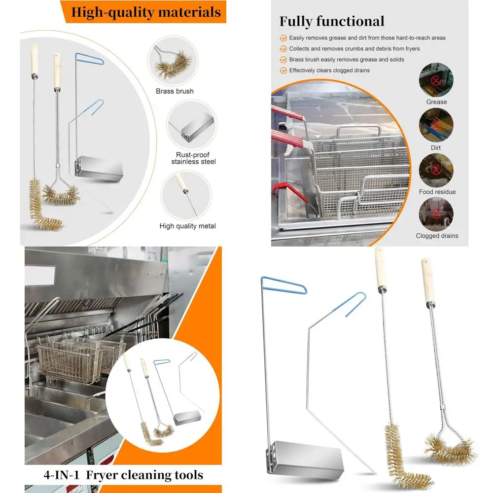 

Многофункциональный набор для чистки фритюрницы: L-образная щетка, совок для крошек, щетка для корзины с длинной ручкой, стержень для очистки коммерческой кухни