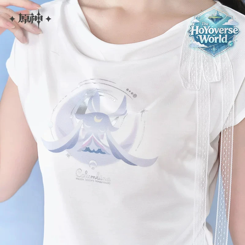 [Original] Columbina Fitted T-shirt Genshin Impact Damselette Cosplay Costumes Moon Maiden Luonnotar White Top Women's Clothing
