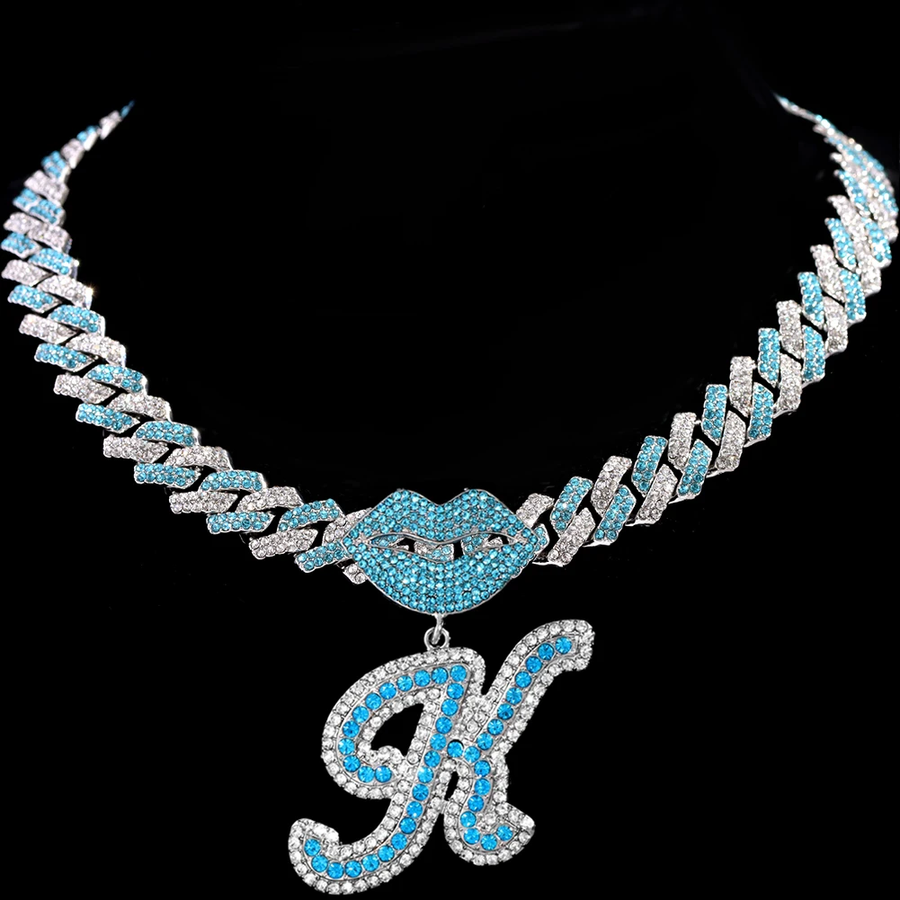 New Blue Mouth Cursive Initial Pendant Necklace Iced Out Prong Cuban Chain Cursive Letter Necklace For Women Men Trendy Jewelry