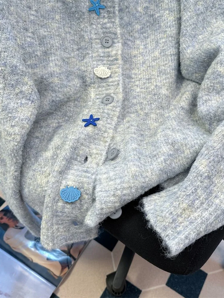 Luie Wind Retro Grijs Vest Vrouwen Leuke Knoppen Lange Mouw Losse Gebreide Truien Met Capuchon Preppy Stijl Zoete Zachte Tops Jassen