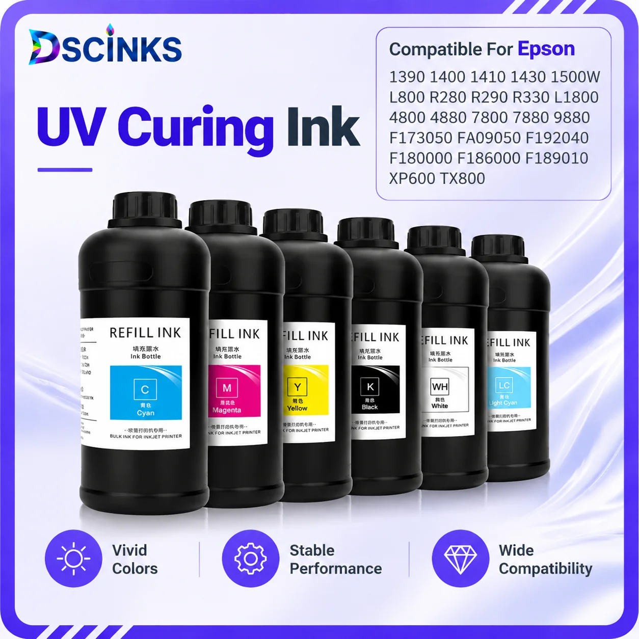 1000ML LED UV Ink For Epson i3200 DX5 DX7 TX800 XP600 L800 L1800 L805 DX10 DX4 Printhead For Epson 1390 R1800 1900 UV Printer
