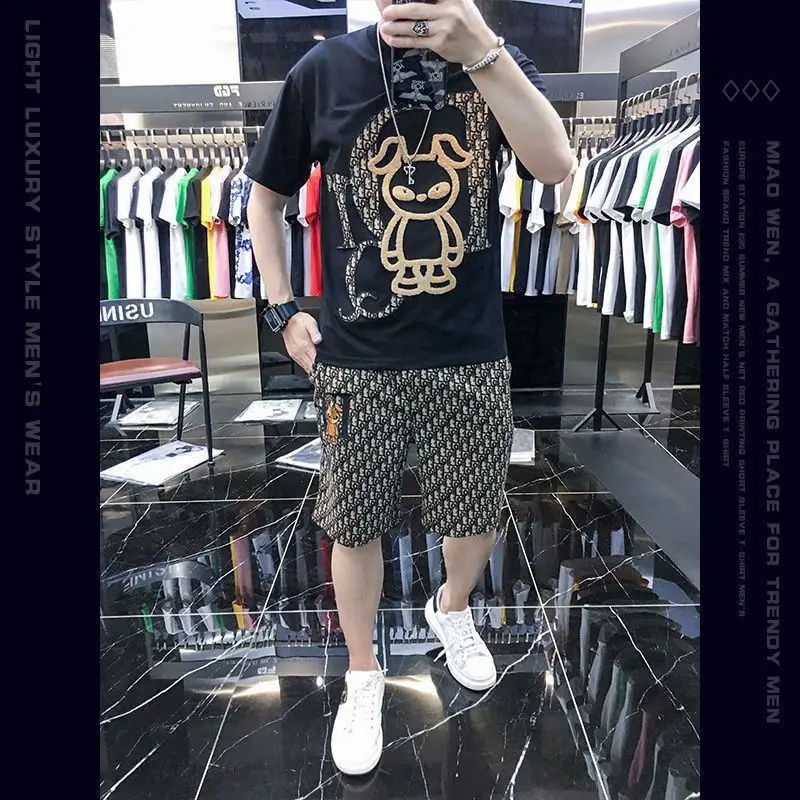 Summer Men\'s Casual Suit Crewneck Cartoon Animal Print Short-sleeved T-shirt Fashion Trend Shorts Two-piece Set