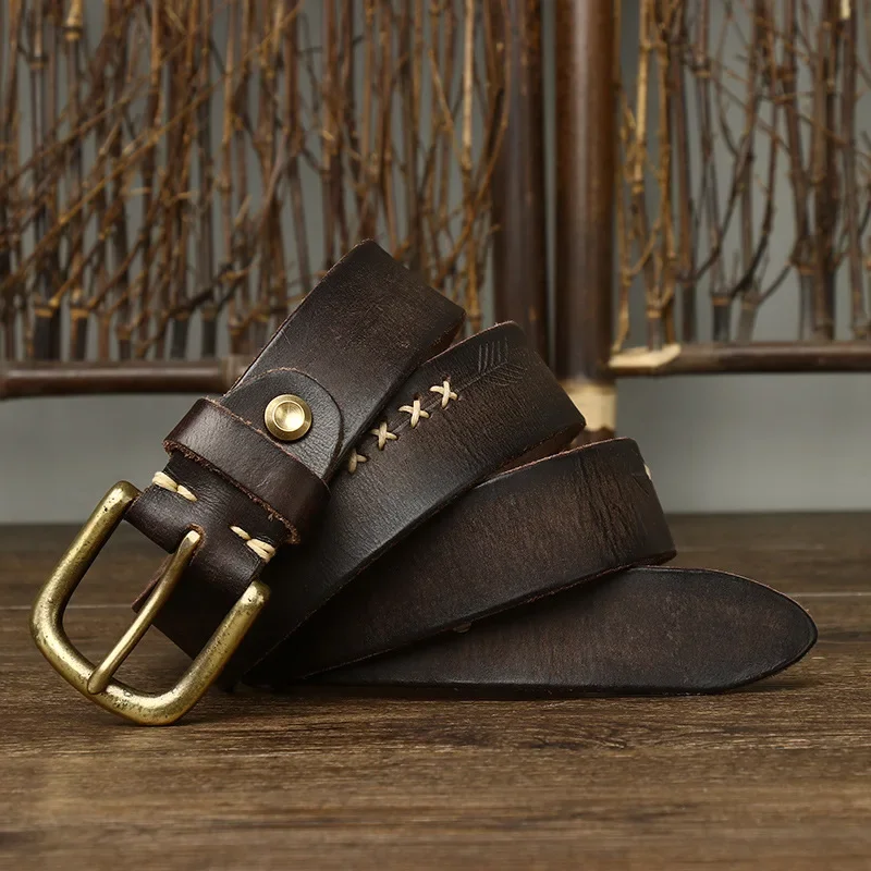 Cinturón de cuero de vaca genuino para hombre, hebilla de latón de alta calidad, 3,3 CM, diseño de moda