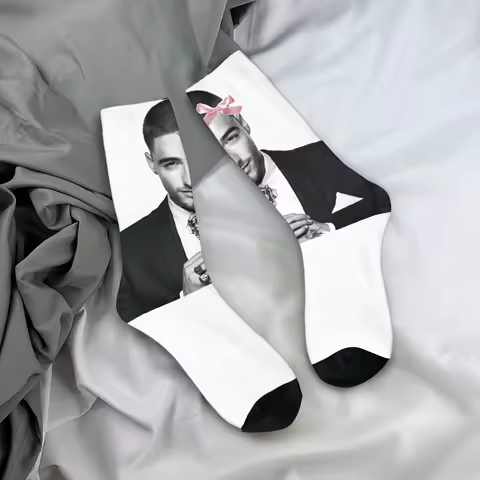 Maluma Colombian Singer Pink Bow Socks Fashion Stockings Men's Medium Soft Skateboard Socks Winter Printed Non Skid Socks