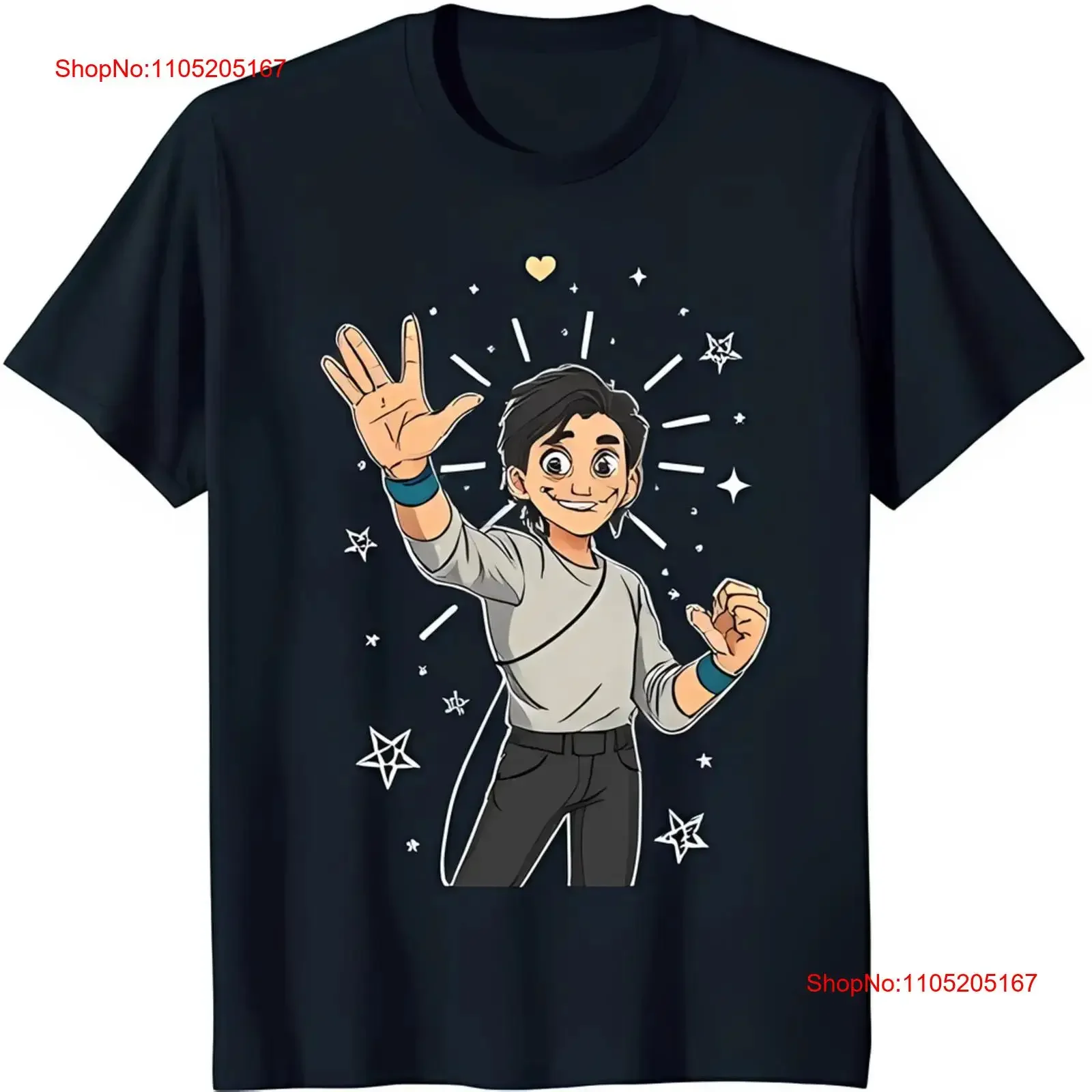 

Black T Shirt with Cartoon Character Waving Under Starry Night Sky Fun Stylish vintage Washed homme Versatile