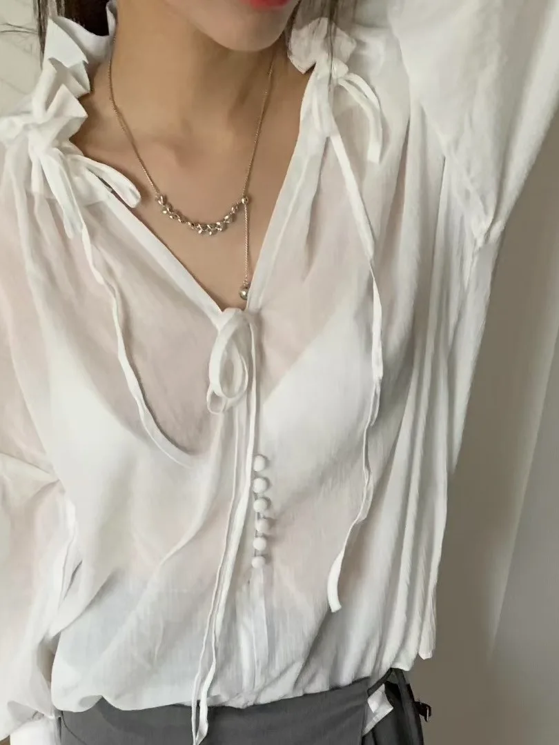 

Свободный корейский женский топ Irt V-Ne Tie Long Sve, ранняя осень, новый прозрачный дизайн, сенсационный топ