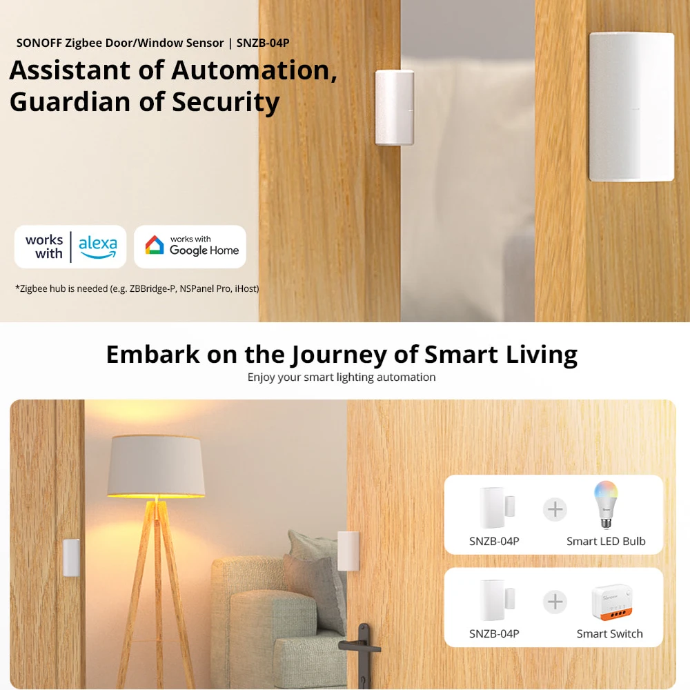 SONOFF SNZB-04P Zigbee 3.0 Door Window Sensor Local Smart Linkage Tamper Alert Home Security Work with eWeLnik Alexa Google Home