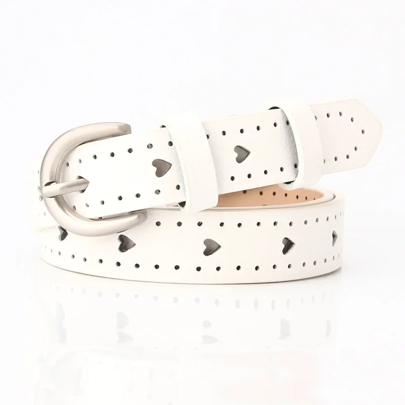 

White Women Belt Hollow Out Heart Leather Belts for Ladies Thin Casual Camel Black Pin Buckle Female Jeans Belt Hole New