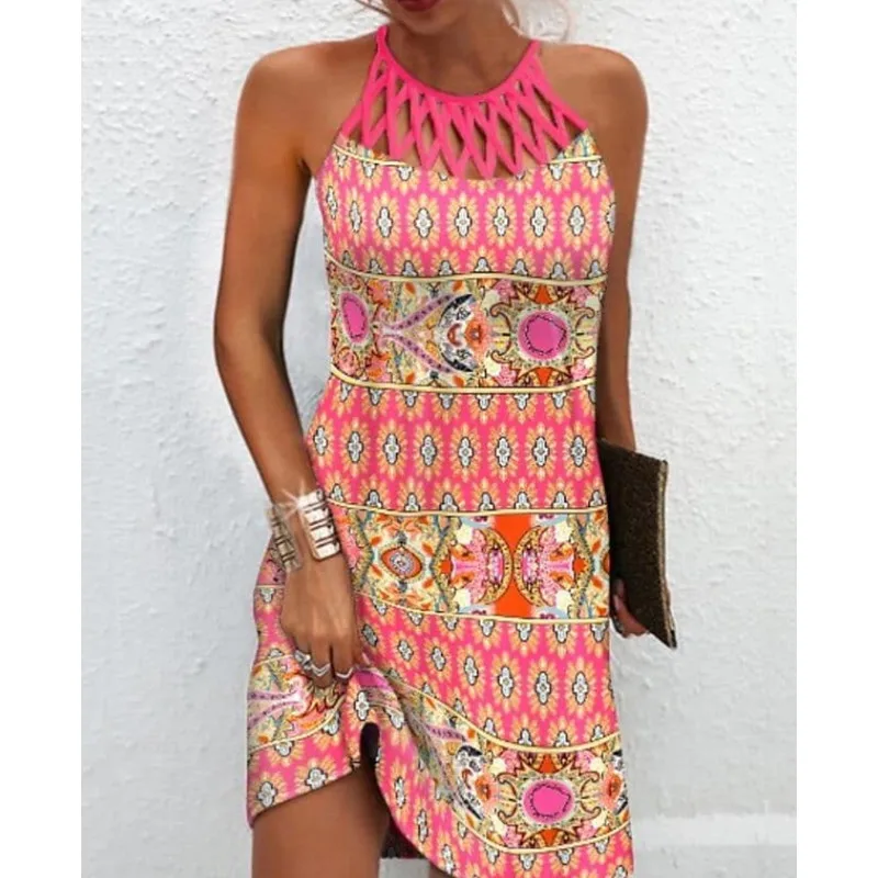 Fashionable women\'s ethnic style dress 2024 new multi-color abstract print hollowed out casual mini sleeveless dress for women