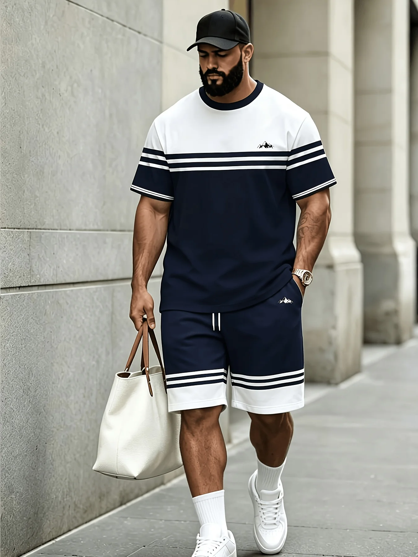 Plus-size Casual Men's Suit Clothing Men's Striped Printed T-shirt and Shorts 2-piece Set Breathable Loose Men's Matching Set - view 2