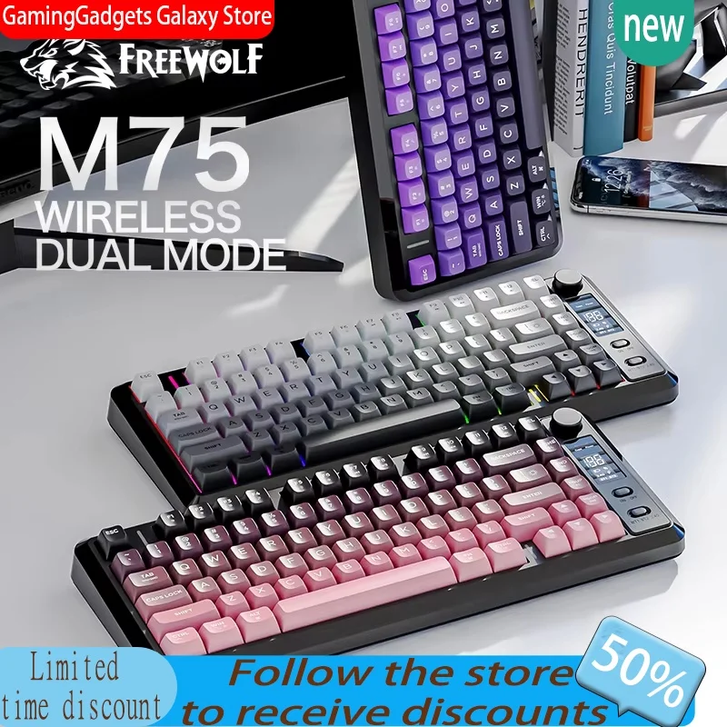 

Wireless Screen Keyboar FREEWOLF M75 with Metal Knob,RGB,Bluetooth Dual Mode Multi-function for PC, Laptop,Suitable for Work