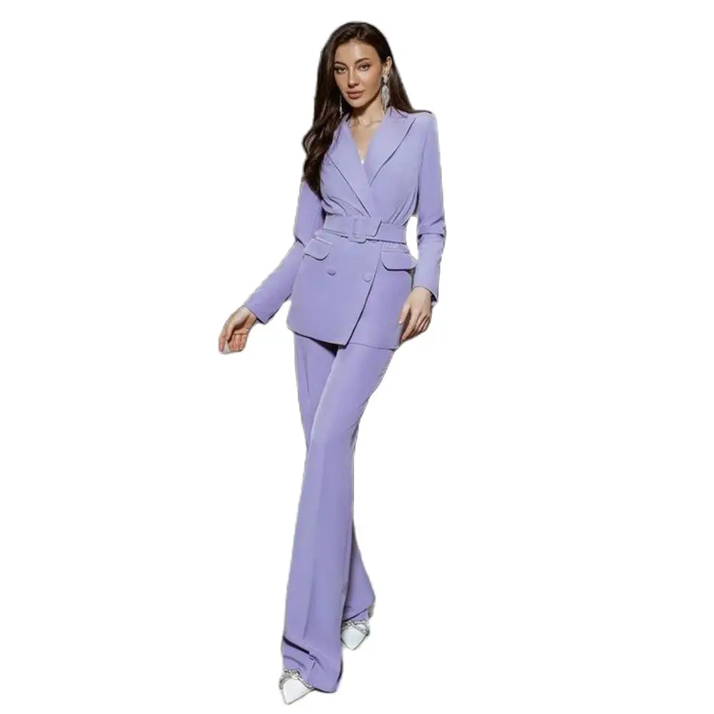 Fashion Chic Light Purple Women Suit Double Breasted 2 Piece Jacket Pants Blazer Set Formal Office Lady Slim Fit Female Clothing