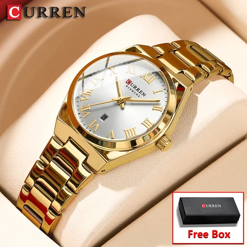 Reloj con correa de acero inoxidable para mujer marca CURREN con números romanos elegante y grande, regalo perfecto con caja