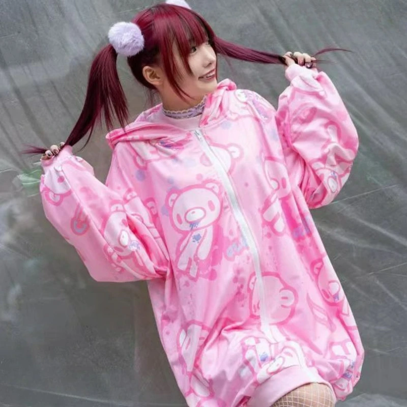 Japanrse Y2k Aesthetic Hoodies Women Kawaii Cartoon Printed Bear Long Sleeve Jacket Subculture Graffiti Loose Grunge Hooded Coat