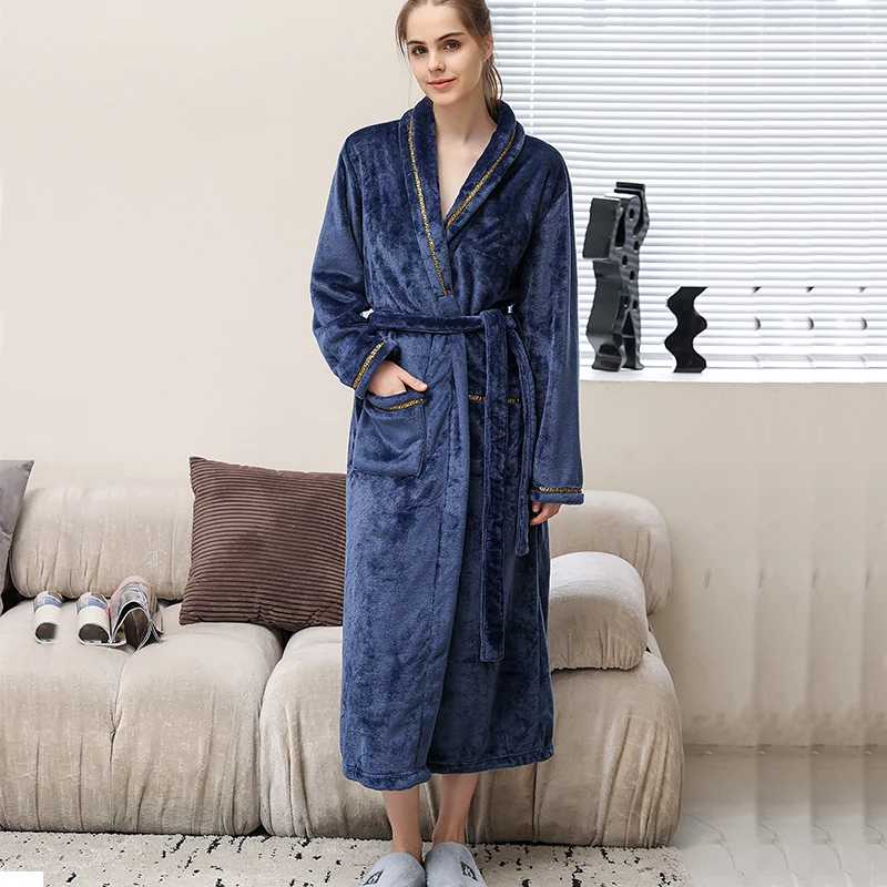 Autumn Winter warm thick extended nightgown women\'s bath pajamas Flannel Women\'s bathrobe couple coral velvet homewear long