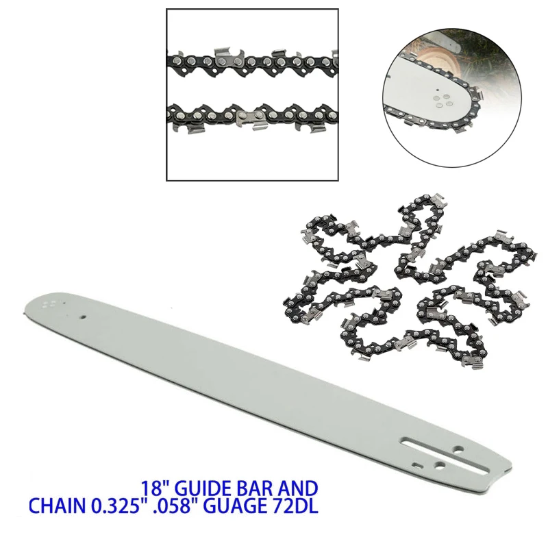 18inch Chainsaw Guide Bar + Chain 0.325 0.058 Guage 72DL For Chinese Chainsaw 4500 5200 5800 Tarus Timbertech For 62CC 58CC 52CC