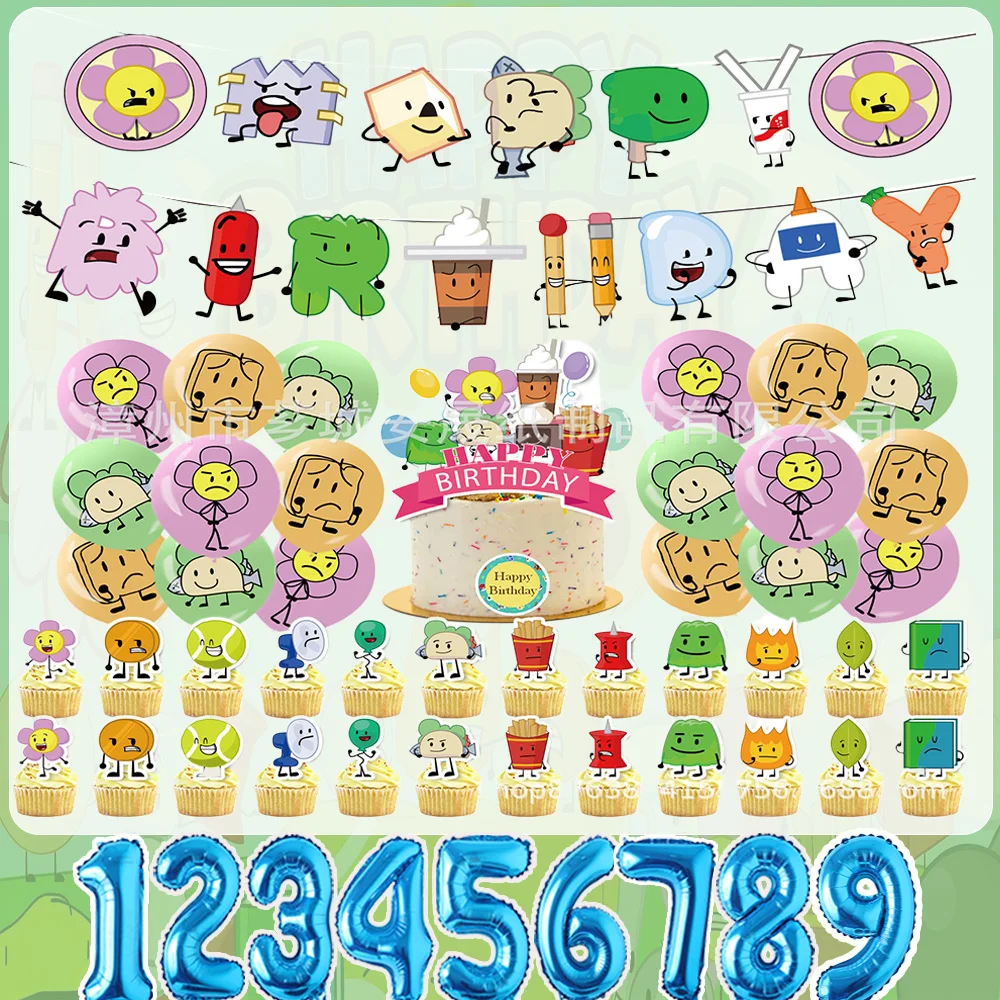 Cartoon BFDI Battle Dreaming Island Theme Birthday Decor Kit Banner Balloons Cupcake Toppers Kids Fans Birthday Party Supplies